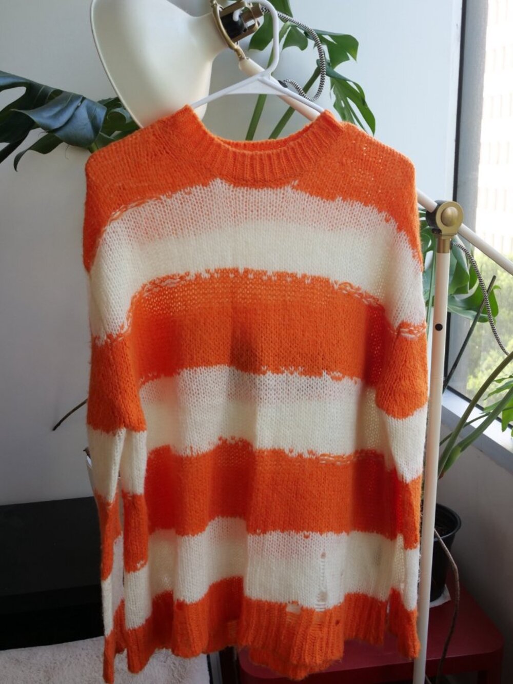 Acne Studios Orange White Striped Distressed Knit Sweater - Size M